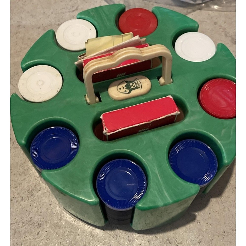 VTG Poker Chip Set In Bakelite Caddy Green Felt Bottom Includes Chips Cards! MCM